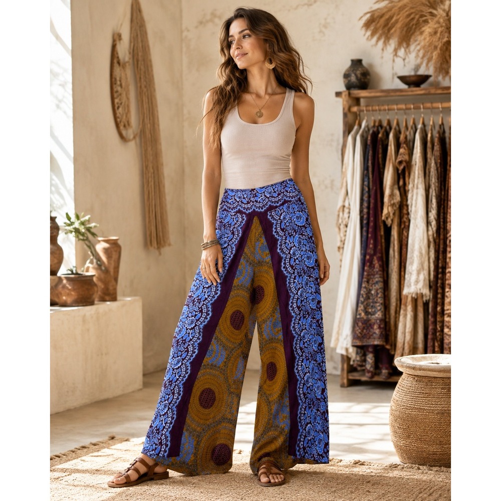 k245. Boho Mixed Print Wide Leg Split Front Pants Mustard Purple Floral Mandala
